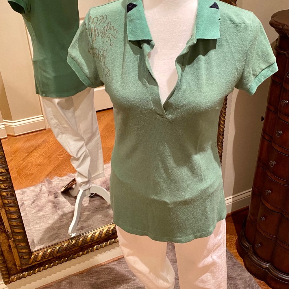Boutique hand painted edgy green polo shirt